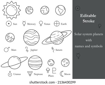 Planetas del sistema solar con nombres y símbolos. Iconos de línea con barra modificable. Elementos de diseño aislados. Fuente de Garamond