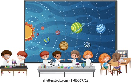 Solar system planets on board and kids wearing scientist costume isolated illustration