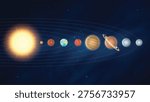 Solar System Planets Orbiting the Sun with Mercury Venus Earth Mars Jupiter Saturn Uranus Neptune Astronomy Space Background Vector Illustration