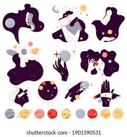 Solar system planets and portraits of female character holding celestial bodies surrounded by stars. Minimalist outer space scenes with meteors and woman with long hair. Vector in flat style