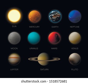 Solar system planets realistic vector illustrations set. Mercury, Earth, Neptune, Jupiter isolated cliparts with names on black background. Astronomy science. Earth, Moon 3D design elements