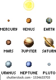 The Solar system planets in a retro 8 bit arcade video game pixel art style.