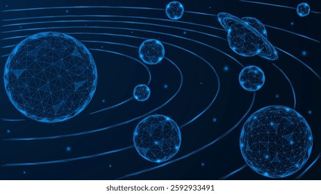 The solar system, the planets revolve around the sun. Polygonal design of lines and dots. Blue background.