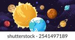 Solar system. Planets rotation around sun in outer space, universe, galaxy. Celestial bodies, cosmic objects, stars, asteroids in cosmos. Earth, Mars, saturn. Astronomy. Flat vector illustration