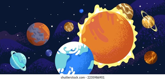 Solar system with planets rotation around giant sun. Outer space, universe, astronomy. Celestial cosmic bodies, stars, asteroids, earth in cosmos. Planetary solarsystem. Flat vector illustration