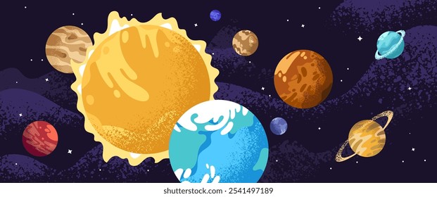 Sistema solar. Los planetas giran alrededor del sol en el espacio exterior, el universo, la galaxia. Cuerpos celestes, objetos cósmicos, estrellas, asteroides en el cosmos. Tierra, Marte, Saturno. Astronomía. Ilustración vectorial plana