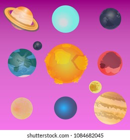 Solar system planets and satellites set. Earth, Saturn, Uranus, Venus, Mercury, Mars, Neptune, Europe, Moon, Pluto. Modern flat cartoons style vector illustration icons. Isolated on white background.