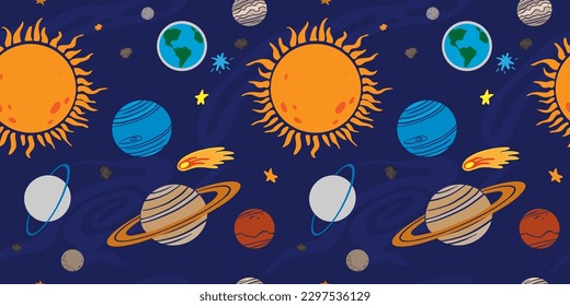 Solar System planets seamless pattern. Hand drawn cosmos objects. Vector illustration of planet Earth, Mars, Jupiter, Saturn, Neptune, Mercury, Venus, Uranus, Pluto, Moon, comet, meteorite, Sun.