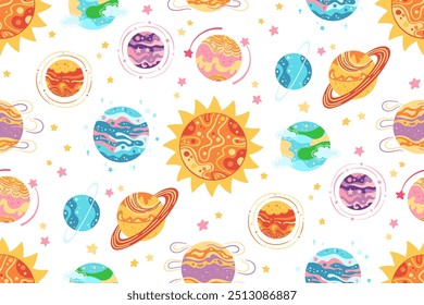 Planetas do sistema solar padrão sem emenda. Abstrato desenhos animados planetas fundo ilimitado. Fantástico espaço galáxia esferas infinito cosmos design para impressão de papel repetir envoltório espaço backdrop template vetor