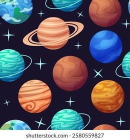 Solar system planets seamless pattern. Universe space with cartoon stars and planet. Astrology print design for fabric wallpaper, nowaday vector background