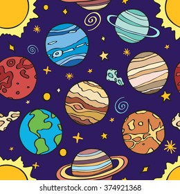 Solar System Planets. Seamless Pattern With Hand-drawn Cartoon Astro Collection - Sun, Earth, Mars, Venus, Mercury, Neptune, Uranus. Doodle Drawing. Vector Illustration - Swatch Inside