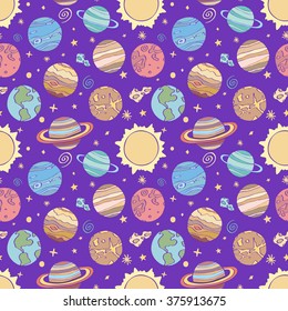 Solar System Planets. Seamless Pattern With Hand-drawn Cartoon Astro Collection - Sun, Earth, Mars, Venus, Mercury, Neptune, Uranus. Doodle Drawing. Vector Illustration - Swatch Inside