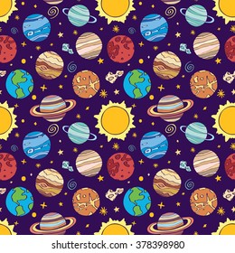 Solar system planets. Seamless pattern with hand-drawn cartoon astro collection - sun, earth, mars, venus, mercury, neptune, uranus. Doodle drawing. Vector illustration - swatch inside