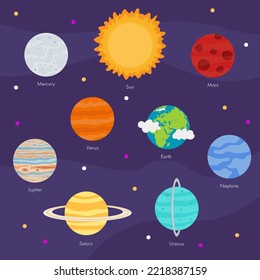 Solar System planets set. Cartoon fantastic planet on purple background