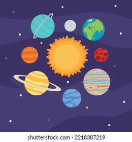 Solar System planets set. Cartoon fantastic planet on purple background