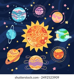 Solar system planets set for children. Abstract astronomical galaxy planets cartoon cosmos. Space spheres planets art Earth Venus, Mercury, Neptune, Mars, Jupiter and sun vector astronomy illustration