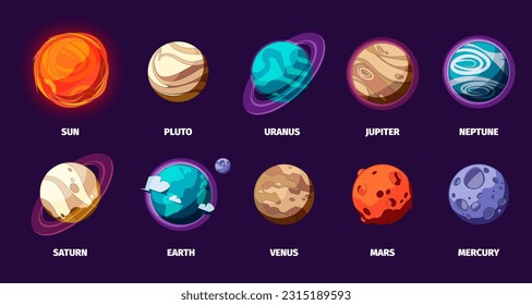 Planetas del sistema solar. Planetas espaciales de dibujos animados coloridos, Sun Earth Moon Mars Venus Saturn, concepto de universo cósmico. Colección aislada de vectores. Estudiando astronomía, cuerpos celestes