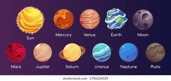 Solar System planets set. Moon, Sun and comet icons isolated on starry sky background. Vector outer space gas giants Jupiter and Saturn, ice Uranus Neptune, Pluto. Rocky Mercury, Venus and Earth, Mars