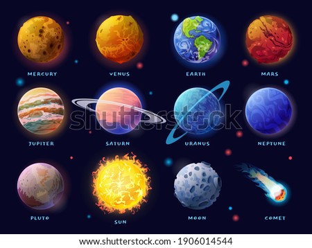 Solar System planets set. Moon, Sun and comet icons isolated on starry sky background. Vector outer space gas giants Jupiter and Saturn, ice Uranus Neptune, Pluto. Rocky Mercury, Venus and Earth, Mars