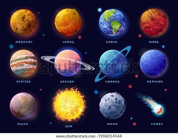 Solar System planets set. Moon, Sun and comet icons\
isolated on starry sky background. Vector outer space gas giants\
Jupiter and Saturn, ice Uranus Neptune, Pluto. Rocky Mercury, Venus\
and Earth, Mars