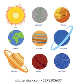 Solar system planets set. Solar system with names. Vector illustration in a flat style isolated on the background of labels, logos, wallpapers, mobile devices.