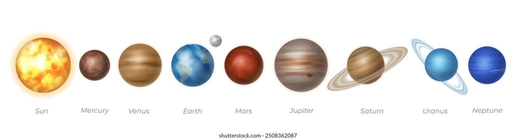 Solar system planets set in realistic design. Sun and outer space gas giants Jupiter and Saturn, ice Uranus Neptune, Pluto. Rocky Mercury, Venus and Earth, Mars colorful vector illustration