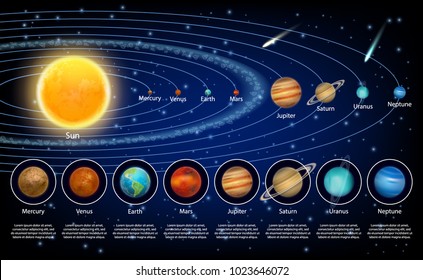 Solar system planets set. Vector realistic illustration of the sun and eight planets orbiting it.