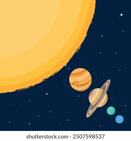 Größenvergleich der Planeten des Sonnensystems auf dunkelblauem Hintergrund. Wissenschaft für Kinder. Astronomische Vektorgrafik für Poster, Buchumschlag, Druck.