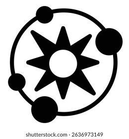 Solar system with planets solid icon, cosmos concept. Vector graphics. Sun star with planets and orbits sign on white background, style mobile or design