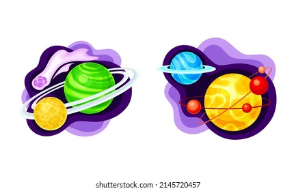 Solar System planets, space planets, asteroid. Fantastic cosmic vector illustration