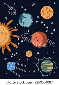 Solar system. Planets in space. Funny space themed illustration. Suitable for printing on fabric, textile, paper.