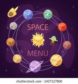 Solar System with planets, spaceship and asteroid belt on dark background cartoon vector illustration. Space and planetary solar system exploring poster