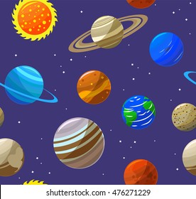 Solar System Planets and Sun Background Pattern. Flat Design Style. Vector illustration of Seamless Pattern with Cartoon Universe. Violet background with Stars Sun and Other Cartoon Planet of Universe
