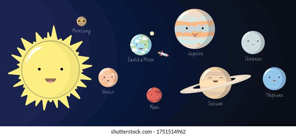 Solar System Planets and Sun Characters Vector Set. Сute flat illustration of smiling Sun, Mercury, Venus, Earth, Moon, Mars, Jupiter, Saturn, Uranus, Neptune on dark blue background. Picture for kids