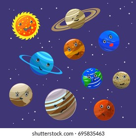 Solar System Planets and Sun Characters Set Funny Flat Design Style. Vector illustration