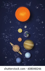 Solar System. Planets with Sun on the cosmic sky and space objects paper art style.