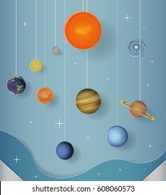 Solar System. Planets with Sun and space objects paper art style.