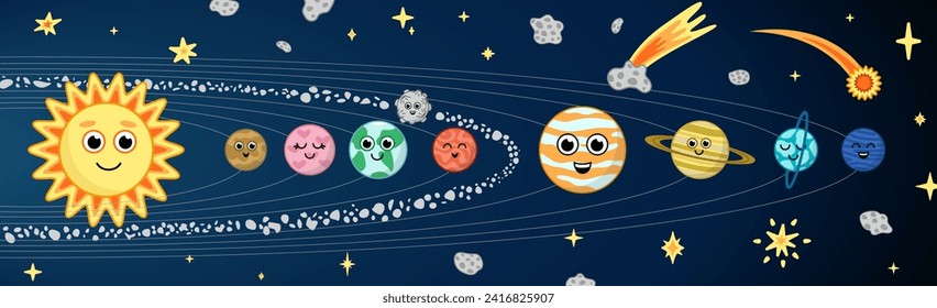 Solar system with planets, sun, stars, meteors, asteroid, orbits. Cartoon, vector