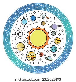 Solar system planets and sun vector educational illustration.