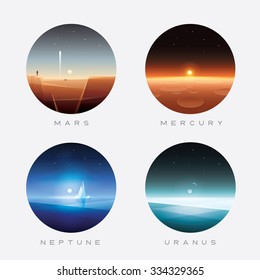 Solar system planets surfaces. Mars, Mercury, Neptune and Uranus vector illustrations