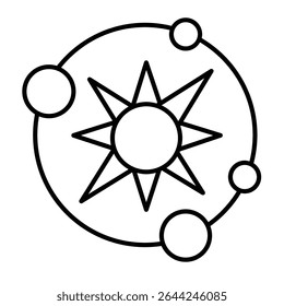 Solar system with planets thin line icon, cosmos concept. Vector graphics. Sun star with planets and orbits sign on white background, style mobile or design