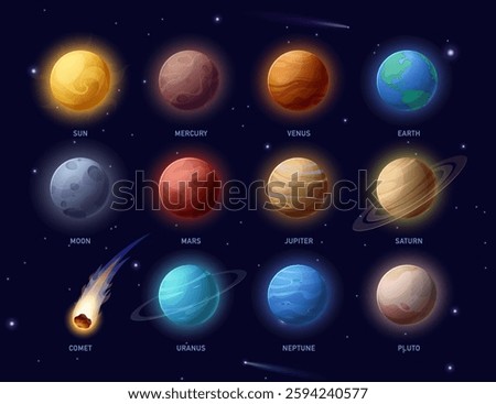 Solar system planets. Vector icons set of planets with Sun, Moon, Mercury, Venus, Earth, Mars, Jupiter, Saturn, Uranus, Neptune, Pluto, Comet. Astronomy and space learning for education. Galaxy space