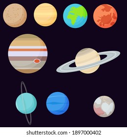 Solar system planets. Vector illustartion of pluto, uranus, neptune, saturn, jupiter, mars, earth, venus, mercury. Planets clipart for banner, sticker, icon, cartoon, infographics design.