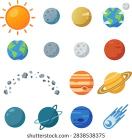 Solar system planets vector illustration set, featuring sun, mercury, venus, earth, moon, mars, jupiter, saturn, uranus, neptune, asteroid belt, and comet isolated on white background.