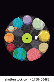 solar system planets with vinyl music turntable