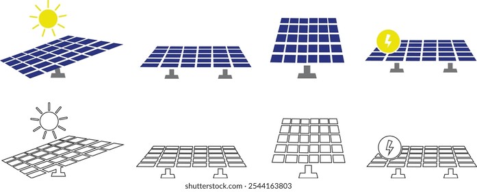 Solar system plates icon set. The main solar panel types flat and line vector of monocrystalline polycrystalline and thin film solar energy panel with Sun collection isolated on transparent background