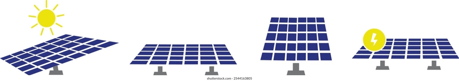 Conjunto de ícones das placas do sistema solar. Os principais painéis solares tipos vetor plano e linha de monocristalino policristalino e painel de energia solar de película fina com coleção de Sol isolado em fundo transparente