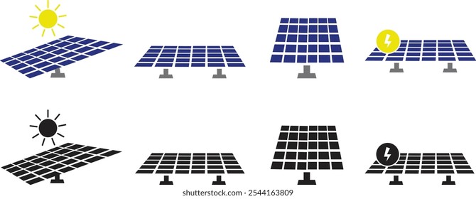 Solar system plates icon set. The main solar panel types flat and line vector of monocrystalline polycrystalline and thin film solar energy panel with Sun collection isolated on transparent background