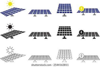 Solar system plates icon set. The main solar panel types flat and line vector of monocrystalline polycrystalline and thin film solar energy panel with Sun collection isolated on transparent background