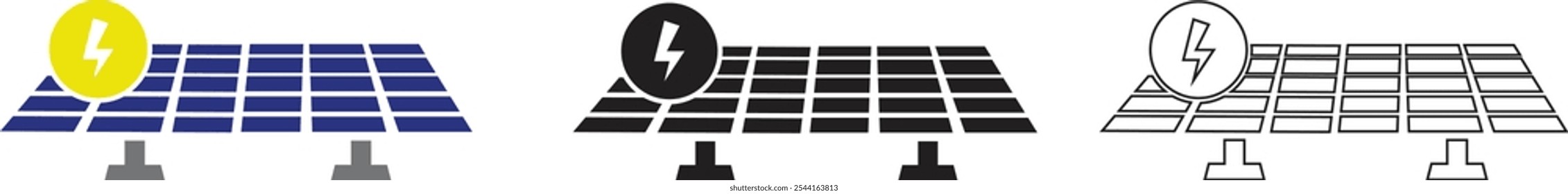 Solar system plates icon set. The main solar panel types flat and line vector of monocrystalline polycrystalline and thin film solar energy panel with Sun collection isolated on transparent background